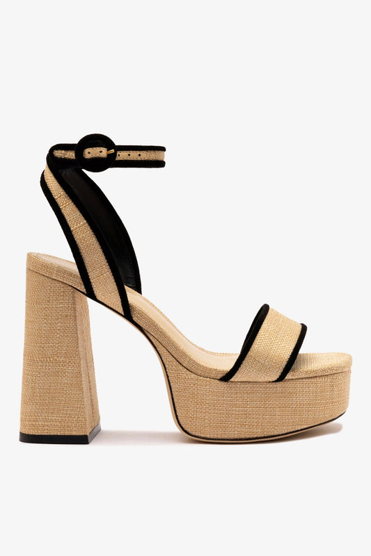 Dolly Sandal In Beige Raffia and Black Trimming - Larroude