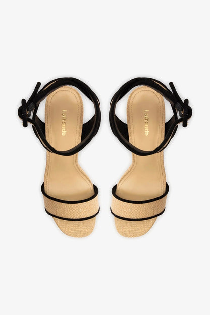 Dolly Sandal In Beige Raffia and Black Trimming - Larroude